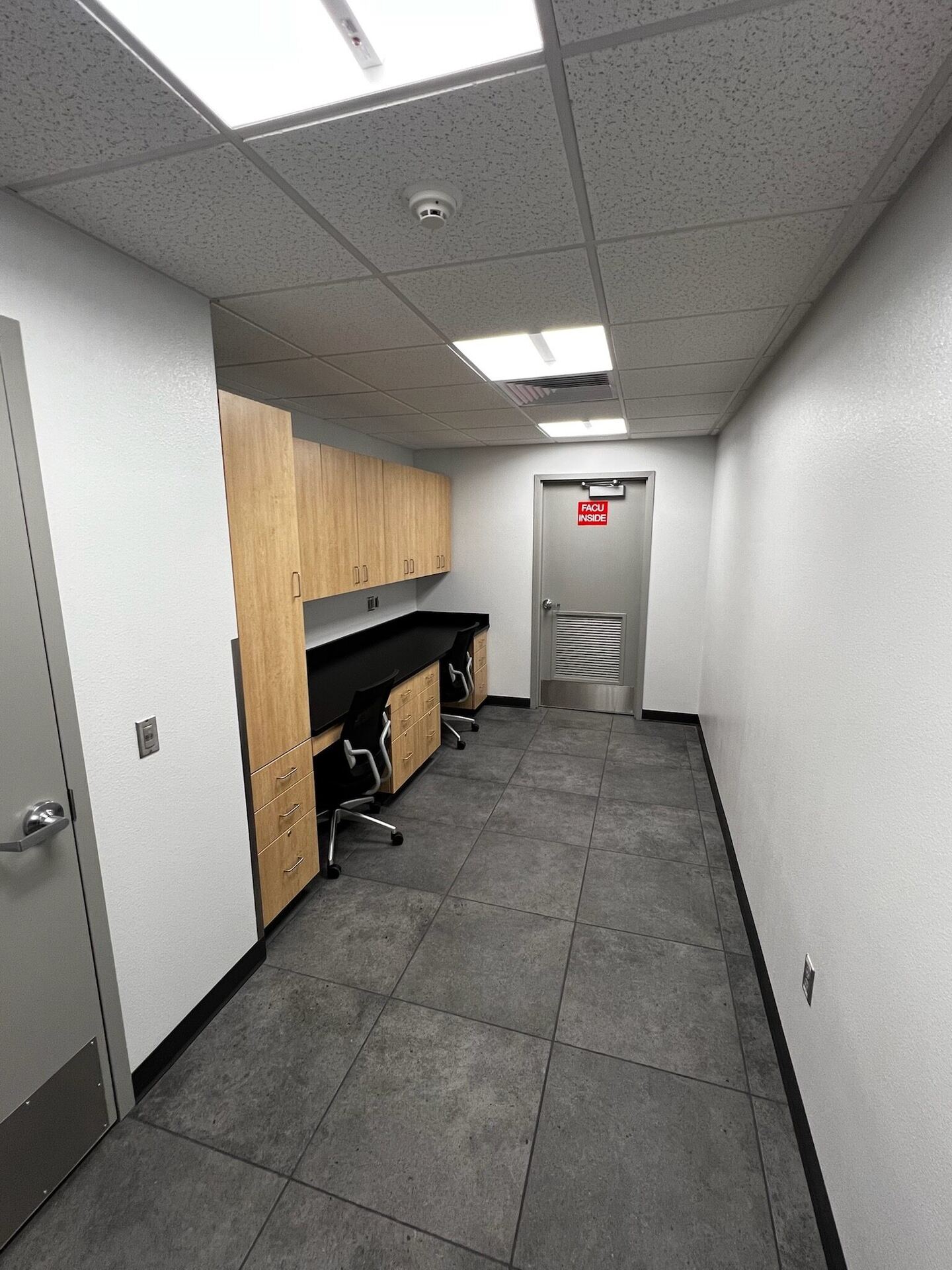 Finished back-office corridor and workspace