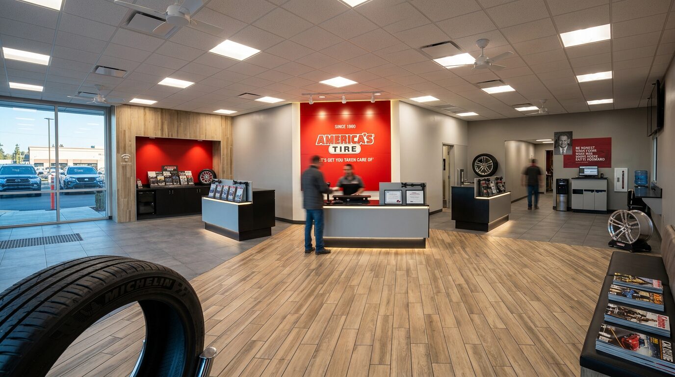 Finished commercial interior — America's Tire lobby by Drake Contracting