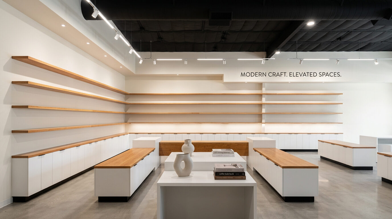 Modern retail interior buildout — custom shelving and fixtures by Drake Contracting
